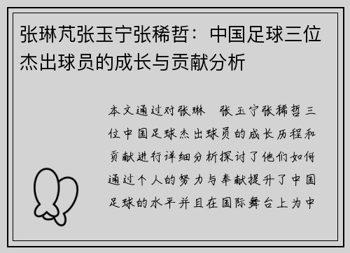 张琳芃张玉宁张稀哲：中国足球三位杰出球员的成长与贡献分析